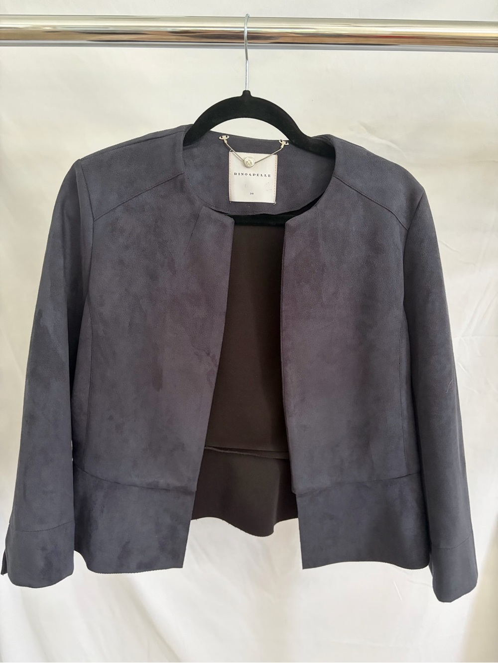Navy Blue Collarless Suede-Effect Blazer